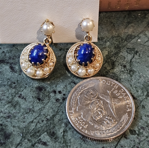 Vintage Lapis Stone with pearl Screwback Earrings - Picture 3 of 5